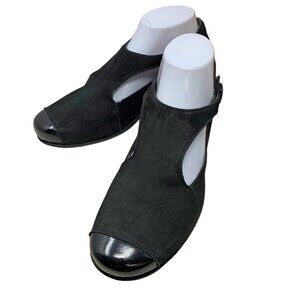 NAOT Radical Black Nubuck Patent Leather Cap Toe T Strap Pumps‎